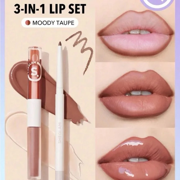 SHEGLAM Soft 90's Glam Lip Liner And Lip Duo Set-Haute Cocoa Lip Set 3-In-1 Lip - Picture 5 of 9